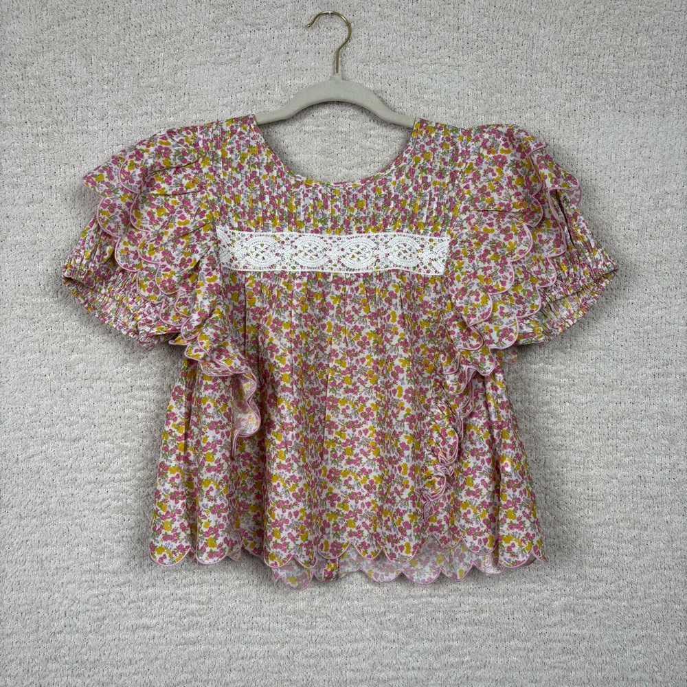 LoveShackFancy Top Womens S Nelson Multi Floral Fruity Punch Flutter Lace Dainty